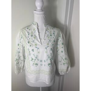 Hyacinth House Floral Embroidery Long Puff Sleeve Cotton Top XXS